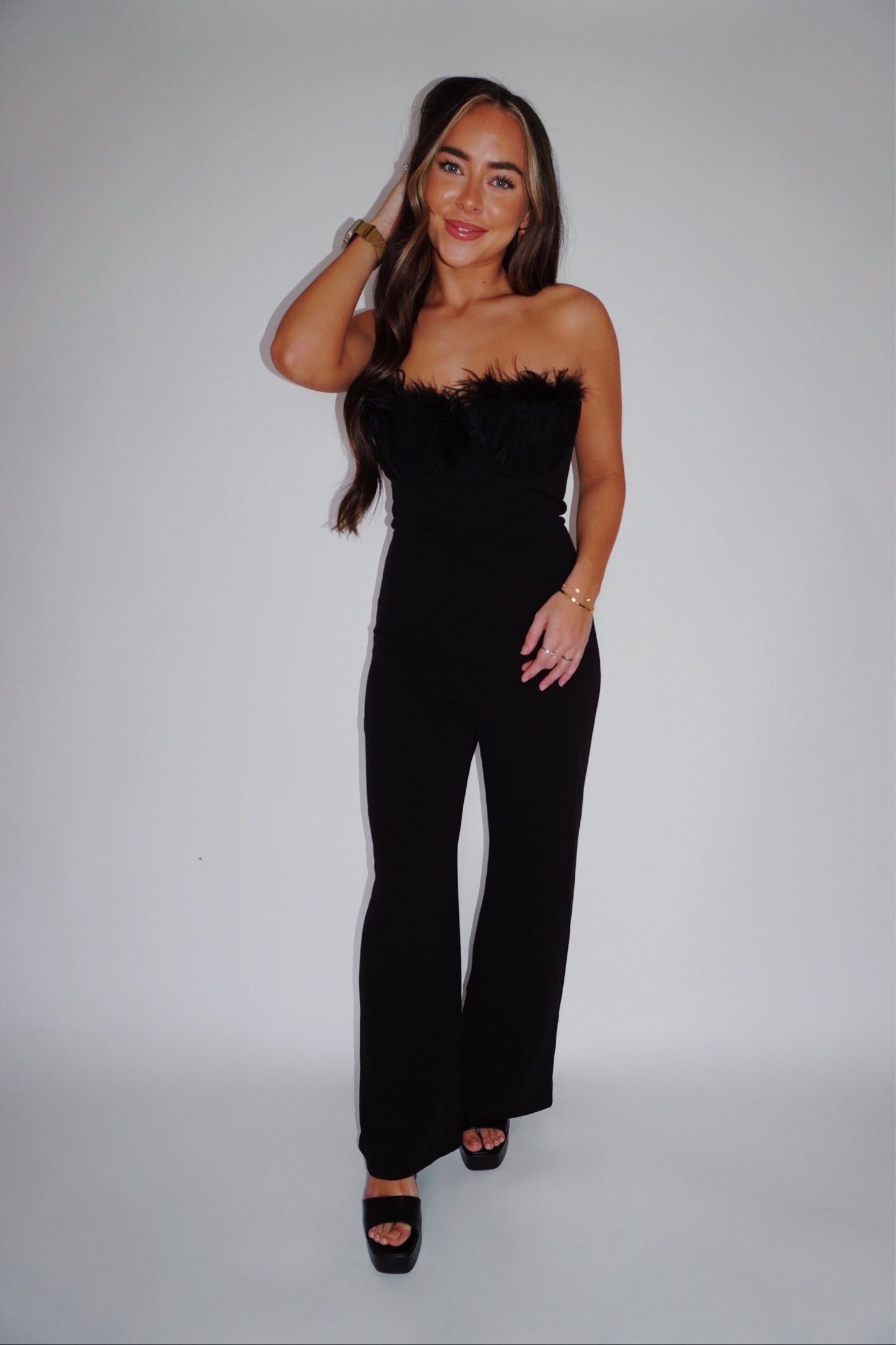 feathered jumpsuit