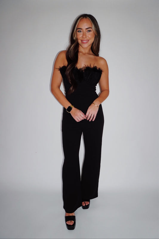 feathered jumpsuit